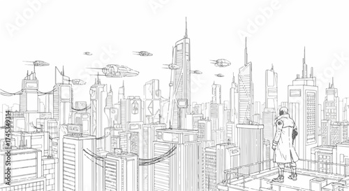 Futuristic city skyline with flying vehicles in black and white vector art