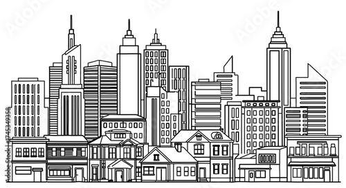 City skyline illustration, showcasing a mix of skyscrapers, houses, and commercial buildings