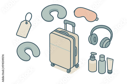 Essential travel accessories set including suitcase neck pillows headphones and toiletries