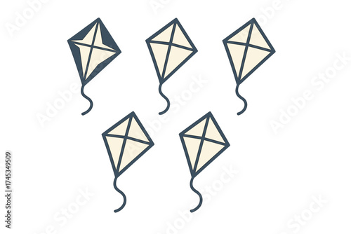 Minimalist pattern of five flying kites with strings on a clean white background