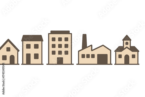 Simple architectural building icons representing residential, commercial, industrial, and religious structures