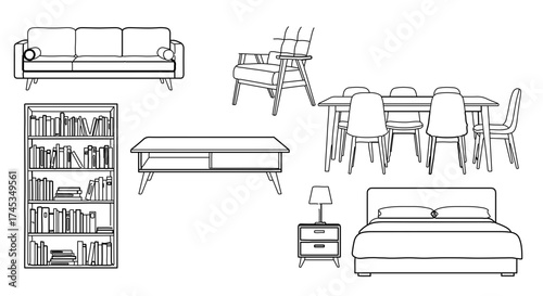 Living room furniture set line art illustration for interior design projects