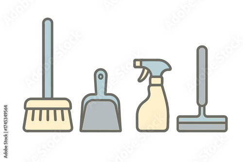 Set of essential cleaning supplies icons featuring a broom, dustpan, spray bottle, and floor squeegee