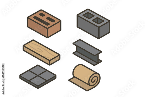 Essential building materials set in isometric view featuring brick, concrete block, wood plank, and steel I-beam