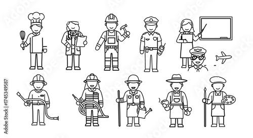 Set of people of different professions in a line art style, perfect for infographics