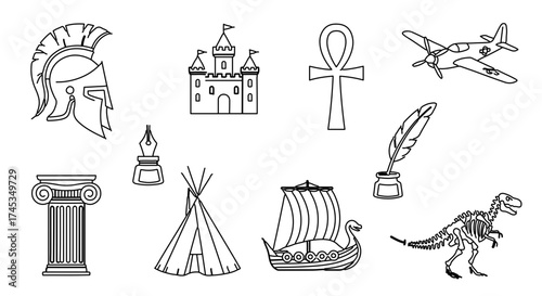Collection of historical and cultural symbols, representing diverse eras and cultures