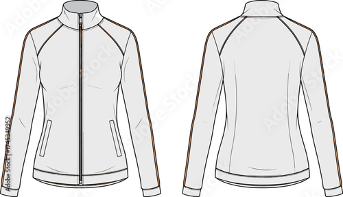 Sport jacket technical flat sketch, front and back view, high collar, sleeve stripe, zip pockets, athletic outerwear design, cad drawing flat vector illustration