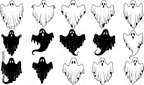 Ghost Characters Collection – Cute and Spooky Halloween Spirit Vector Icons.
