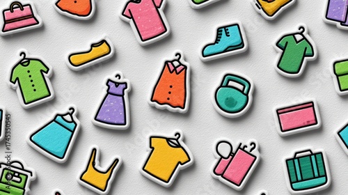 Colorful, playful clothing icons scattered across a light background, with each icon representing different types of clothing for a digital fashion store.