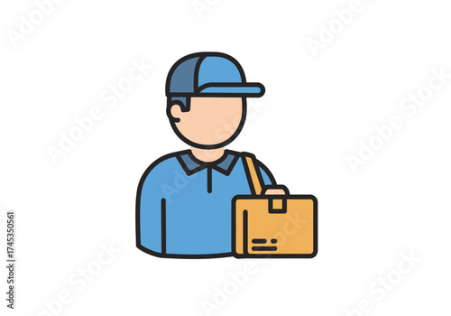 Delivery Man Icon with Blue Uniform and Yellow Package Illustration.