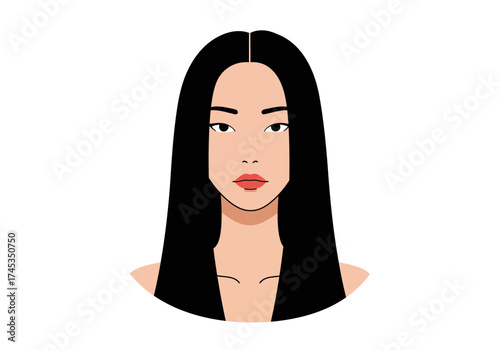 Stylized womans headshot with long black hair neutral expression and red lips minimalist vector art.