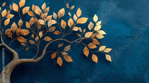 Elegant, minimalist photograph of a stylized tree with delicate golden leaves set against a deep navy blue textured wall in an off-center look.