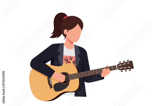 Faceless young woman with a brown ponytail in a black jacket playing an acoustic guitar.