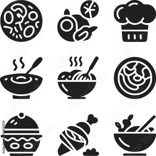 Nine black and white food icons including pizza chicken soup and chef hat arranged on a white background