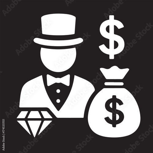 Rich man icon with money bag dollar sign and diamond wealth business success finance concept vector