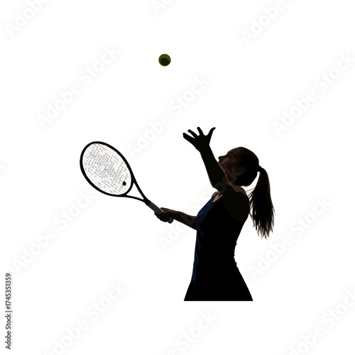 Tennis player silhouette preparing to serve the ball with racket.