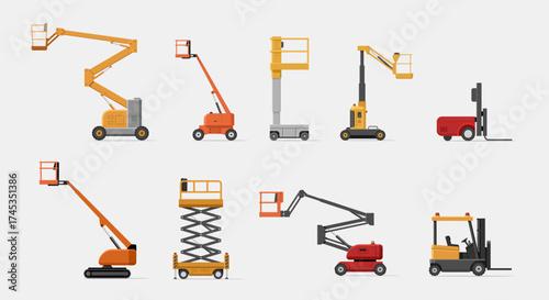 Industrial mechanical lifts or scissors lift platform. Vector illustration set icon