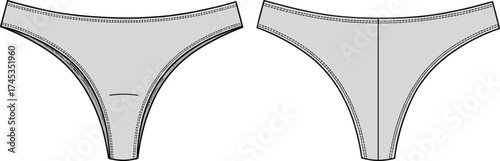 Thong underwear technical flat sketch, front and back view, center seam, contour shaping, lingerie panties design, cad drawing flat vector illustration