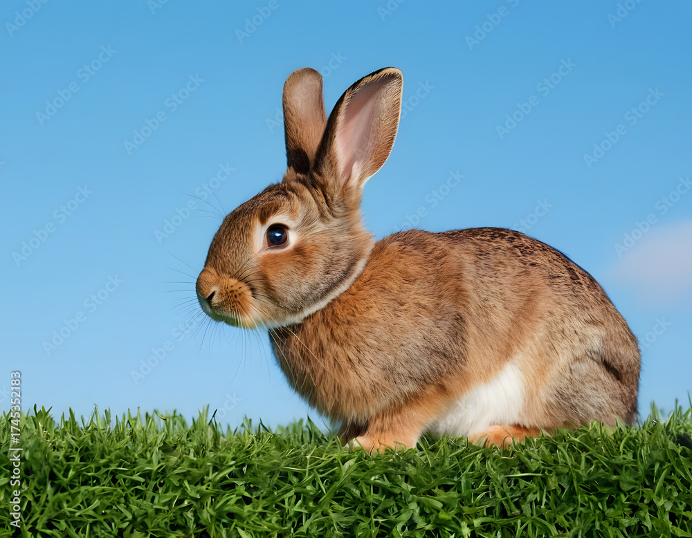 Fototapeta premium Cute easter rabbit sticking out green grass corner on blue sky background with empty space for text or product, easter bunny in the grass