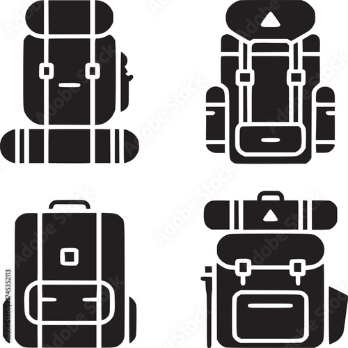 Four different styles of black and white backpacks on a white background in a square format