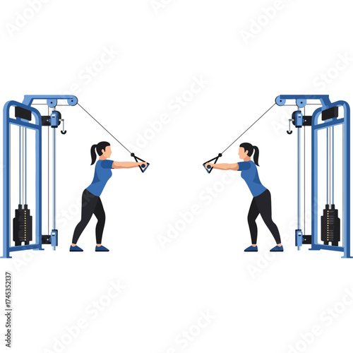 Women exercising with cable machines for a fitness workout.