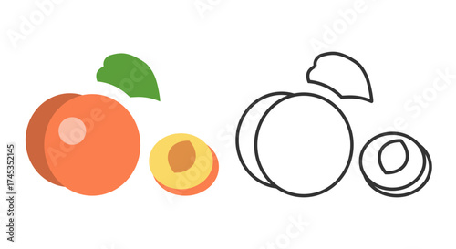 These peach line icons feature a colorful representation of peaches alongside a simple outline version. The design emphasizes the fruit shape and freshness in a visually appealing manner.