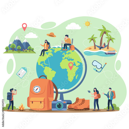 Global travel and tourism concept with a world map and people hiking, relaxing on the beach, and planning a trip, emphasizing adventure and exploration.
