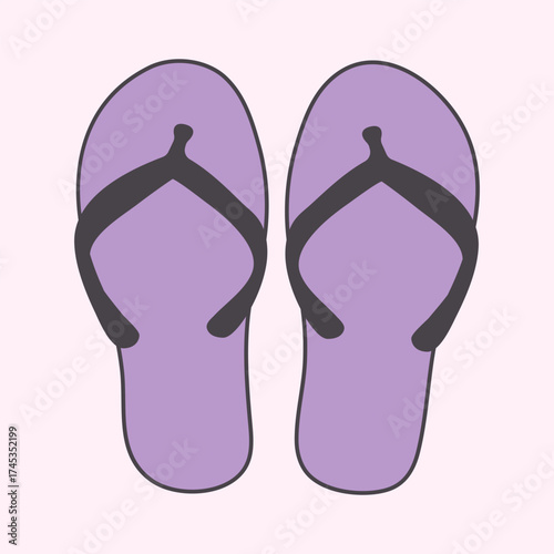 Two purple flip flops with black straps are shown. It is a simple, colorful illustration. The background is light. The art style appears to be a Y2K cartoon style.
