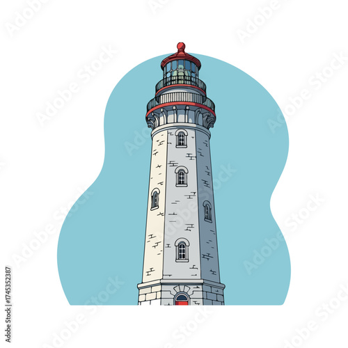 Tall lighthouse stands strong against the sky, guiding ships safely.