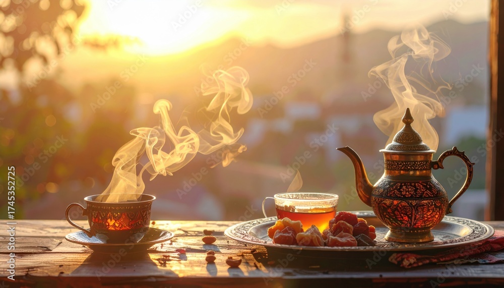 Fototapeta premium A serene sunset scene featuring steaming tea and pastries on a wooden table, with mountains in the background