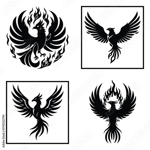 Stylized Phoenix Silhouettes with Flames