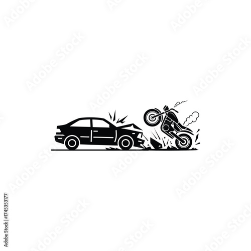 Black Silhouette of Motorcycle Hitting Car Front End on Transparent Background