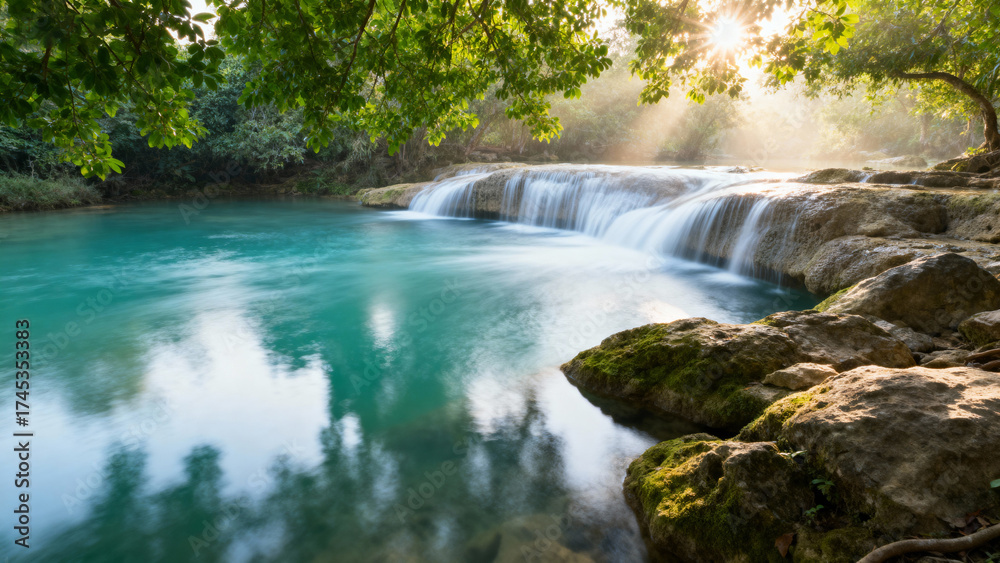 Obraz premium Waterfall in forest with sunlight