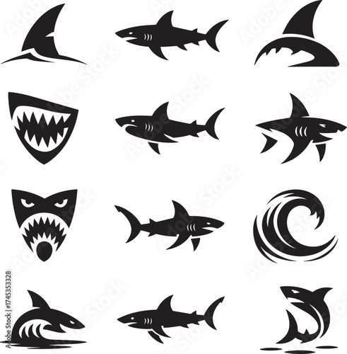 Shark fin and full body silhouettes with wave and mouth designs vector