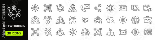 Networking Web Icon Set in Line Style. Collection of Social Network Linear Icons, Including community, business people, community, network, relationship, online networking and More. Editable Stroke