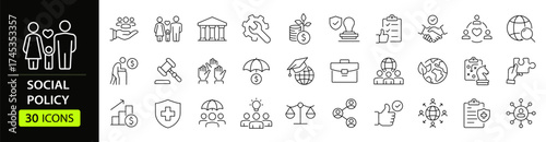 Social policy Web Icon Set in Line Style. Collection of Social services Linear Icons, Including, healthcare, family, education, protection, law, insurance, healthcare, reform and more. Editable Stroke