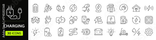 Charging Web Icon Set in Line Style. Collection of Electricity Linear Icons, Including wireless charging, charge, energy, socket, battery, charging station, ev, electric car and More. Editable Stroke