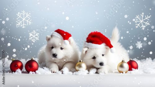 Christmas Puppies: White Pomeranian Spitz Wearing Santa Hats—Adorable Fluffy Tiny Canines with Festive Red Headgear, Perfect for Christmas Photos, Holiday Decor Accents & Cozy Winter Cheer