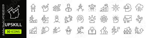 Upskill Web Icon Set in Line Style. Collection of Personal growth Linear Icons, Including upskilling, development, education, career, reskill, progress, strategy, skill goal and more. Editable Stroke