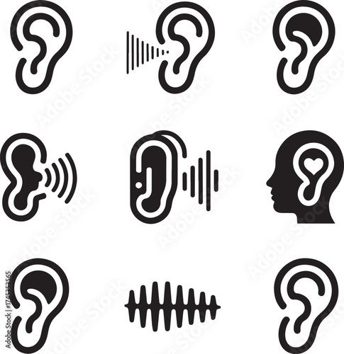 Various ear icons and sound wave representations hearing audio