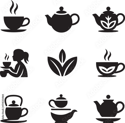 Hot beverage icons tea cups and teapots with steam and leaves vector