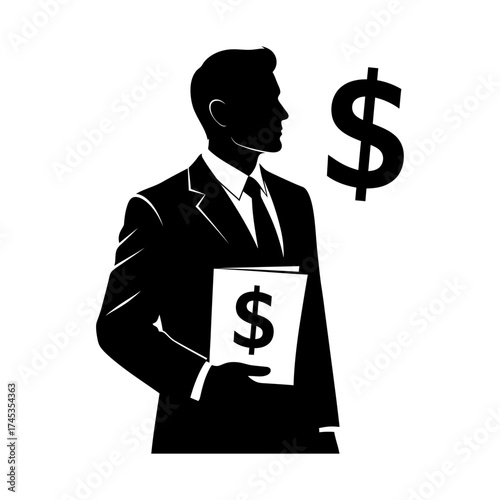 Silhouette of a businessman holding financial document with dollar sign and nearby dollar symbol vector