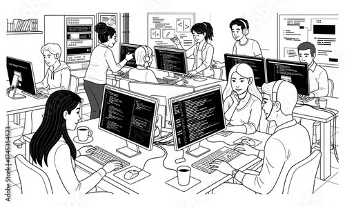 Illustration of a bustling software development team collaborating on computers, showcasing teamwork, coding, and innovation, creating a modern tech environment