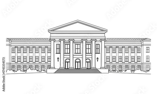 Grand neoclassical building with imposing columns and symmetrical facade, architectural drawing of a majestic government or educational institution symbolizing power and prestige in a formal setting