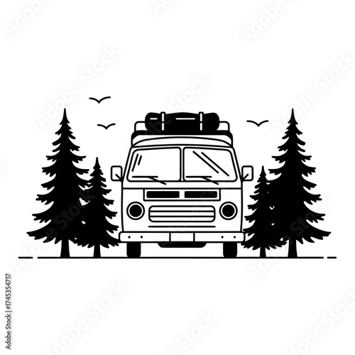 Vintage camper van driving through forest landscape with trees and flying birds scene vector