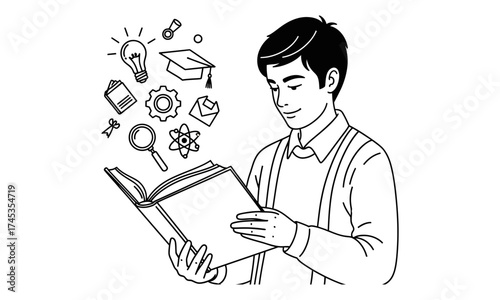 Engaged student deeply immersed in an open book, actively synthesizing educational concepts and innovative ideas, illustrating a dynamic journey of intellectual growth, learning, and discovery