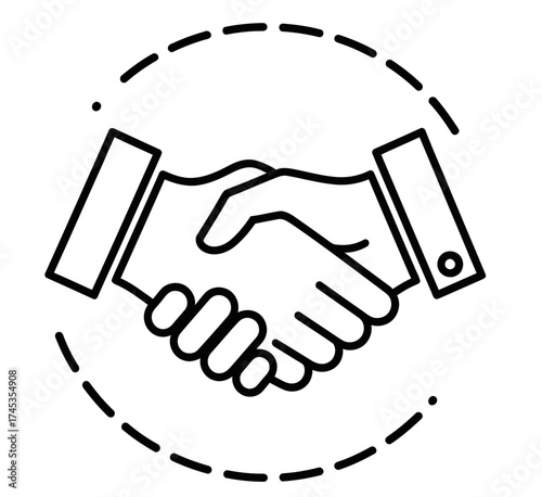 Simple line art icon of a business handshake, symbolizing a successful agreement and partnership. Vector graphic for cooperation and trust