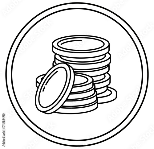 Iconic illustration of stacked coins, symbolizing wealth, finance, and investment. This minimalist black and white design depicts financial growth and value in a simple graphic