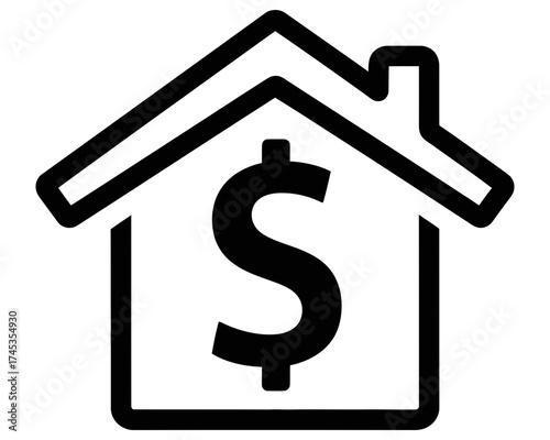 Vector icon of a house with a dollar sign, representing real estate finance, property value, home investment, and housing market economics