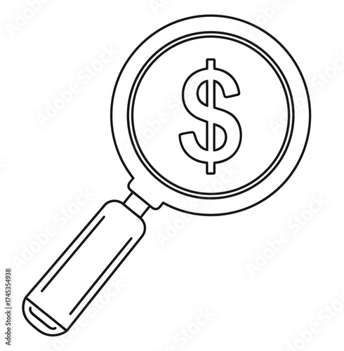 Magnifying glass focused on a dollar sign, representing financial analysis, investment research, and economic exploration, ideal for finance concepts and monetary themes